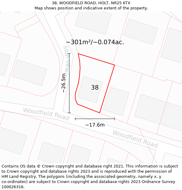 38, WOODFIELD ROAD, HOLT, NR25 6TX: Plot and title map