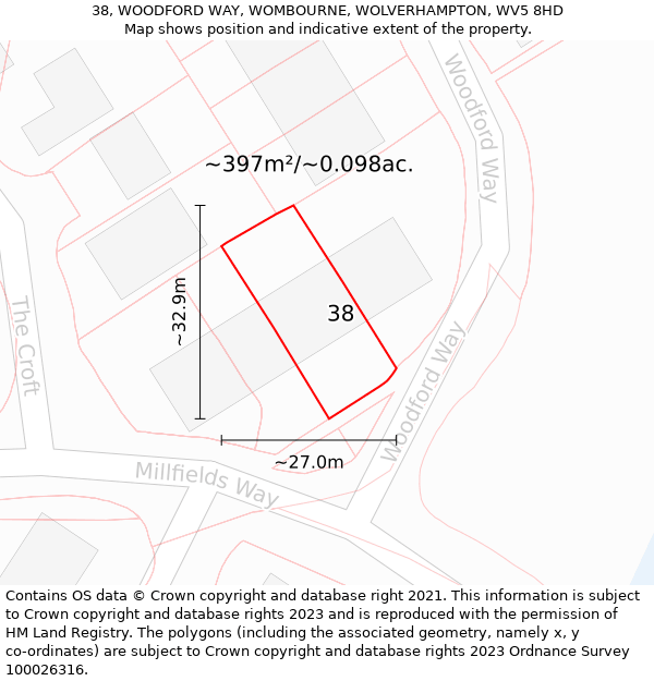 38, WOODFORD WAY, WOMBOURNE, WOLVERHAMPTON, WV5 8HD: Plot and title map