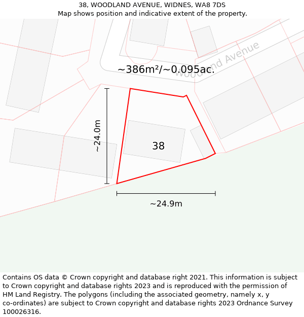 38, WOODLAND AVENUE, WIDNES, WA8 7DS: Plot and title map