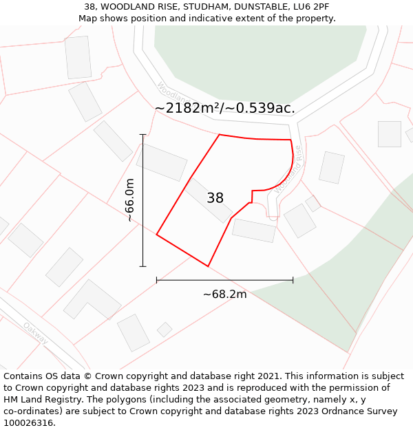 38, WOODLAND RISE, STUDHAM, DUNSTABLE, LU6 2PF: Plot and title map