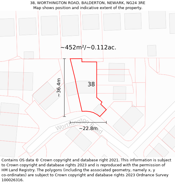 38, WORTHINGTON ROAD, BALDERTON, NEWARK, NG24 3RE: Plot and title map