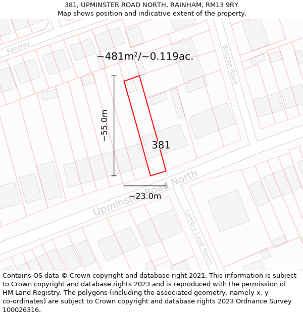 381, UPMINSTER ROAD NORTH, RAINHAM, RM13 9RY: Plot and title map