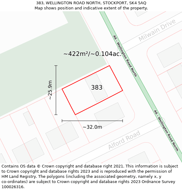 383, WELLINGTON ROAD NORTH, STOCKPORT, SK4 5AQ: Plot and title map