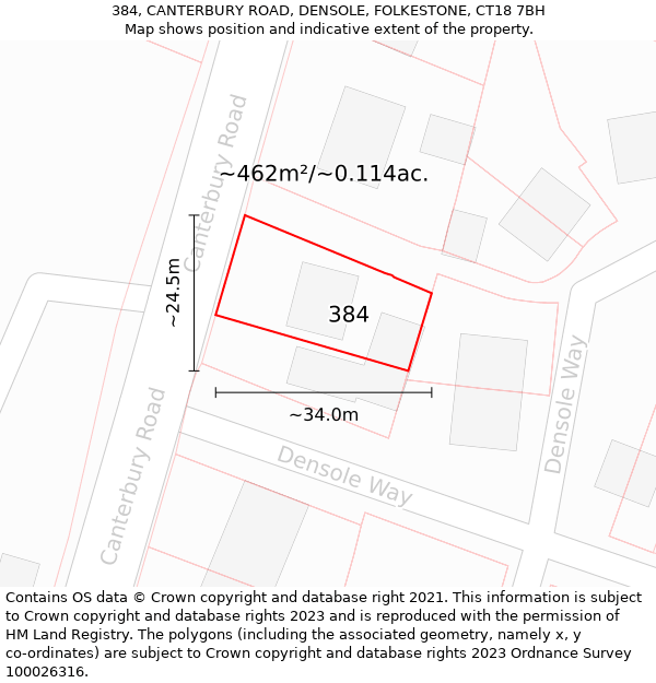 384, CANTERBURY ROAD, DENSOLE, FOLKESTONE, CT18 7BH: Plot and title map