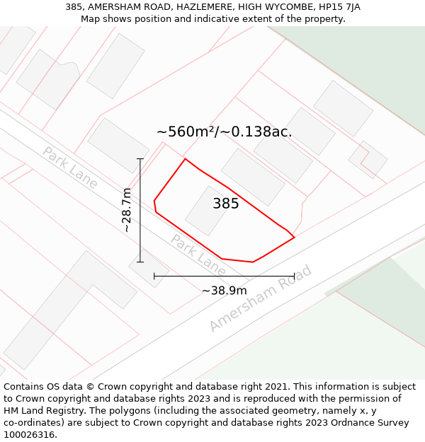 385, AMERSHAM ROAD, HAZLEMERE, HIGH WYCOMBE, HP15 7JA: Plot and title map