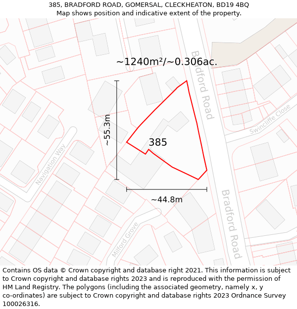 385, BRADFORD ROAD, GOMERSAL, CLECKHEATON, BD19 4BQ: Plot and title map