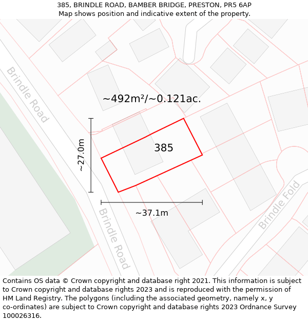 385, BRINDLE ROAD, BAMBER BRIDGE, PRESTON, PR5 6AP: Plot and title map