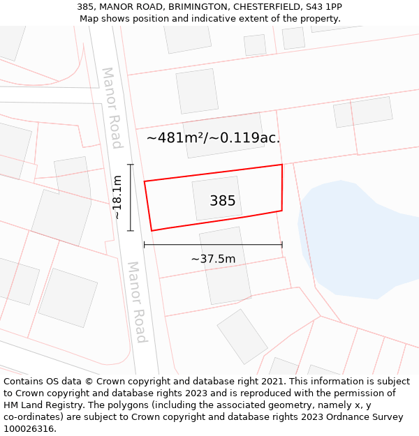 385, MANOR ROAD, BRIMINGTON, CHESTERFIELD, S43 1PP: Plot and title map