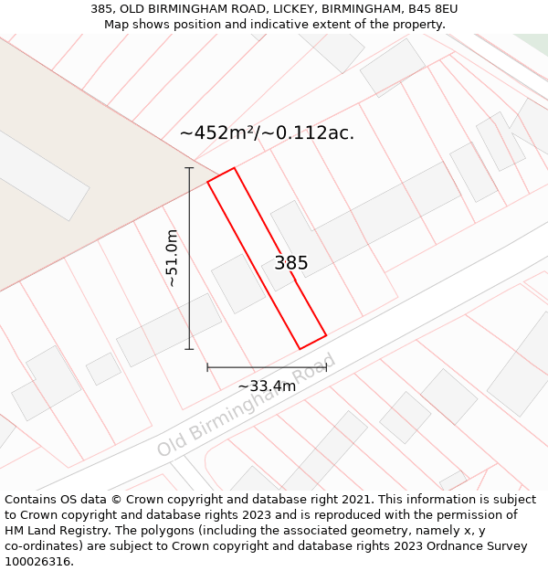 385, OLD BIRMINGHAM ROAD, LICKEY, BIRMINGHAM, B45 8EU: Plot and title map