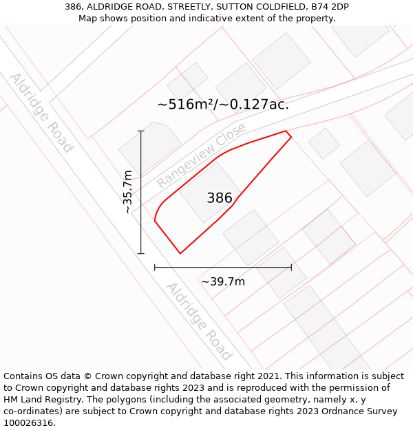 386, ALDRIDGE ROAD, STREETLY, SUTTON COLDFIELD, B74 2DP: Plot and title map