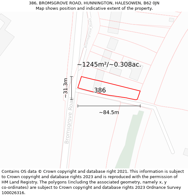 386, BROMSGROVE ROAD, HUNNINGTON, HALESOWEN, B62 0JN: Plot and title map