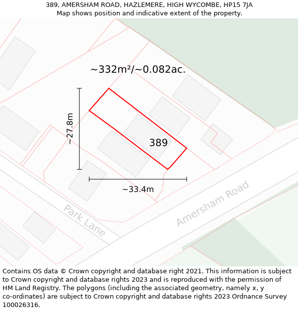 389, AMERSHAM ROAD, HAZLEMERE, HIGH WYCOMBE, HP15 7JA: Plot and title map