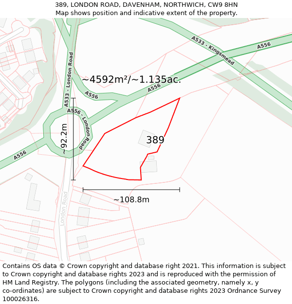 389, LONDON ROAD, DAVENHAM, NORTHWICH, CW9 8HN: Plot and title map