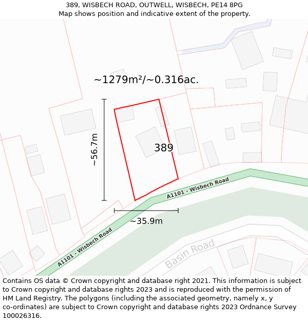 389, WISBECH ROAD, OUTWELL, WISBECH, PE14 8PG: Plot and title map