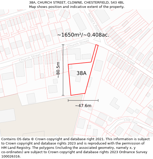 38A, CHURCH STREET, CLOWNE, CHESTERFIELD, S43 4BL: Plot and title map