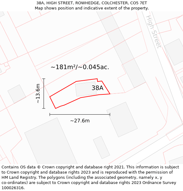 38A, HIGH STREET, ROWHEDGE, COLCHESTER, CO5 7ET: Plot and title map