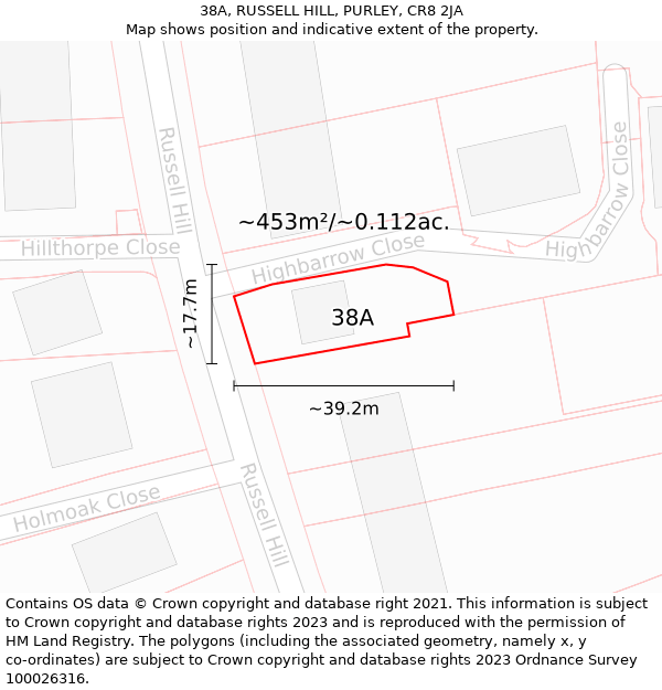 38A, RUSSELL HILL, PURLEY, CR8 2JA: Plot and title map