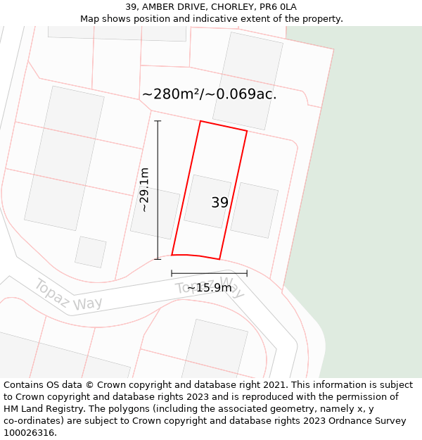 39, AMBER DRIVE, CHORLEY, PR6 0LA: Plot and title map