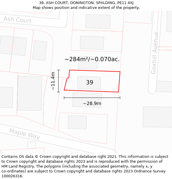 39, ASH COURT, DONINGTON, SPALDING, PE11 4XJ: Plot and title map