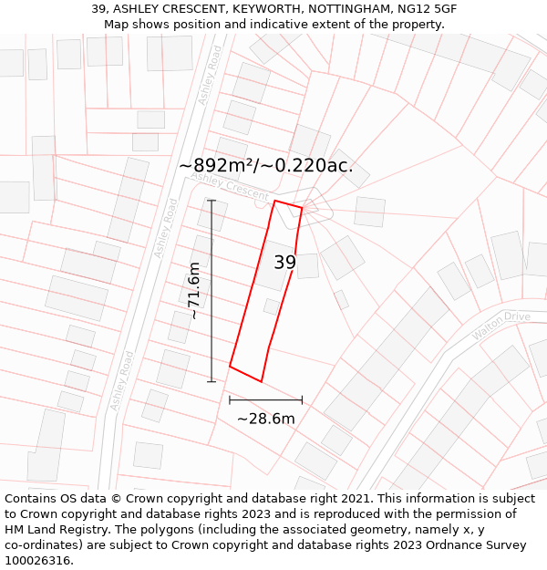 39, ASHLEY CRESCENT, KEYWORTH, NOTTINGHAM, NG12 5GF: Plot and title map