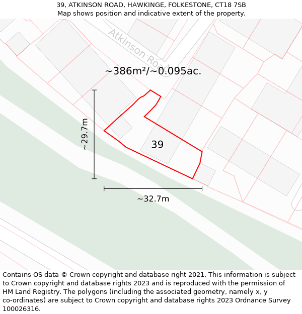 39, ATKINSON ROAD, HAWKINGE, FOLKESTONE, CT18 7SB: Plot and title map