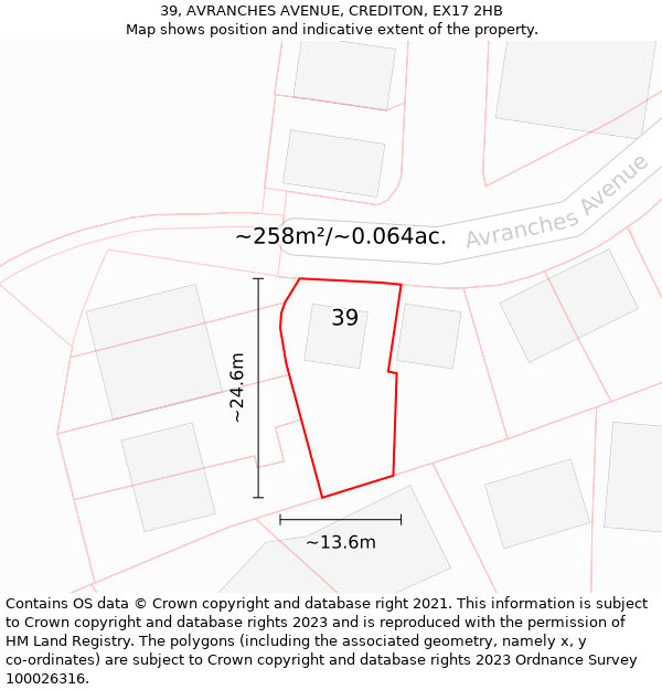 39, AVRANCHES AVENUE, CREDITON, EX17 2HB: Plot and title map