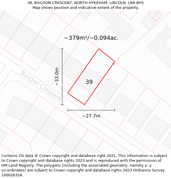 39, BAILDON CRESCENT, NORTH HYKEHAM, LINCOLN, LN6 8HS: Plot and title map