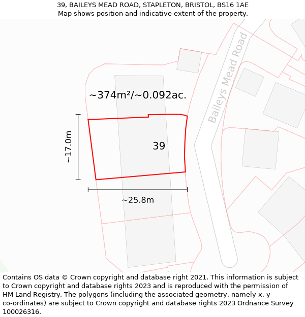 39, BAILEYS MEAD ROAD, STAPLETON, BRISTOL, BS16 1AE: Plot and title map