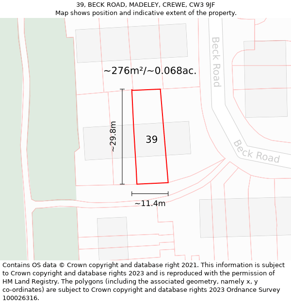 39, BECK ROAD, MADELEY, CREWE, CW3 9JF: Plot and title map