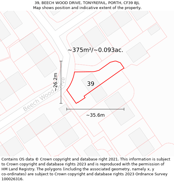 39, BEECH WOOD DRIVE, TONYREFAIL, PORTH, CF39 8JL: Plot and title map
