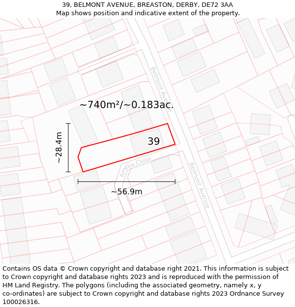 39, BELMONT AVENUE, BREASTON, DERBY, DE72 3AA: Plot and title map