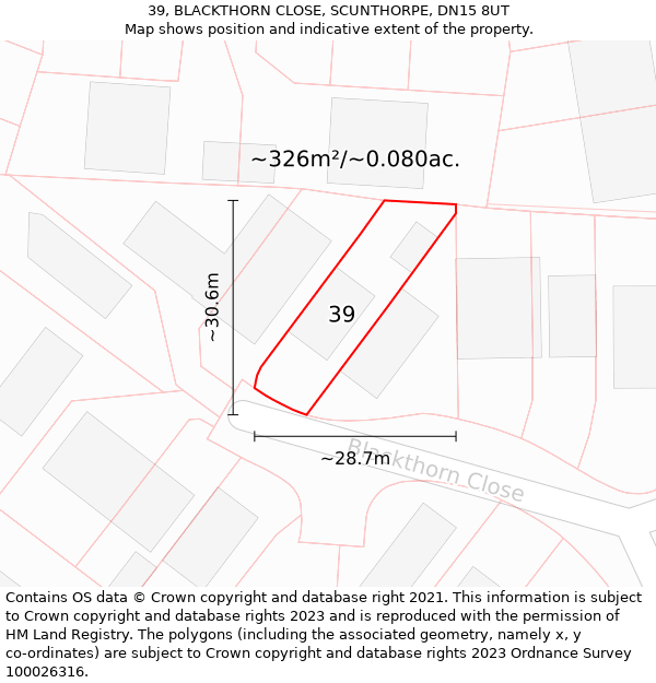 39, BLACKTHORN CLOSE, SCUNTHORPE, DN15 8UT: Plot and title map