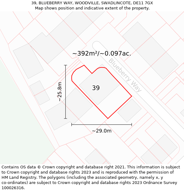 39, BLUEBERRY WAY, WOODVILLE, SWADLINCOTE, DE11 7GX: Plot and title map