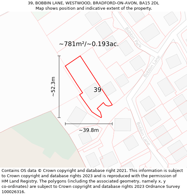 39, BOBBIN LANE, WESTWOOD, BRADFORD-ON-AVON, BA15 2DL: Plot and title map