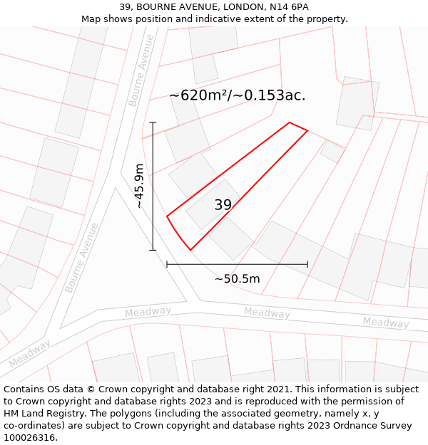 39, BOURNE AVENUE, LONDON, N14 6PA: Plot and title map