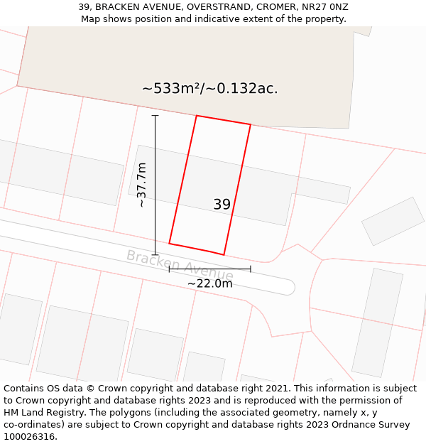 39, BRACKEN AVENUE, OVERSTRAND, CROMER, NR27 0NZ: Plot and title map