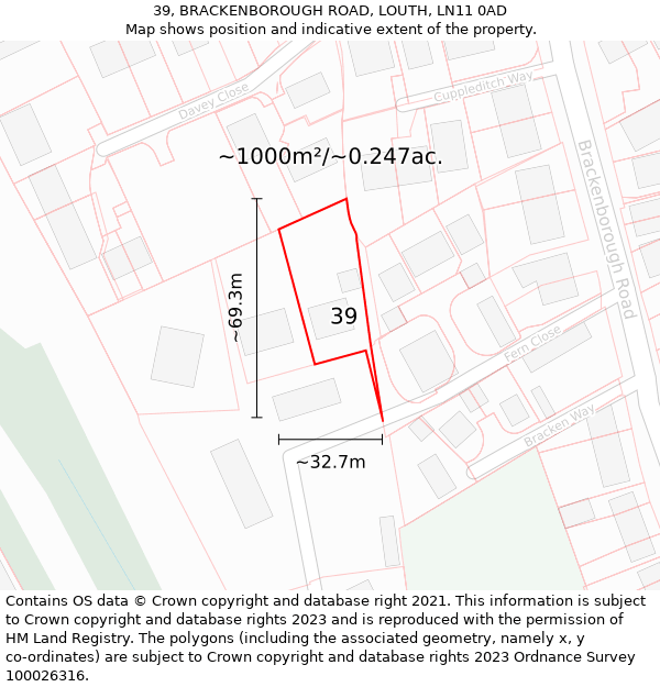 39, BRACKENBOROUGH ROAD, LOUTH, LN11 0AD: Plot and title map