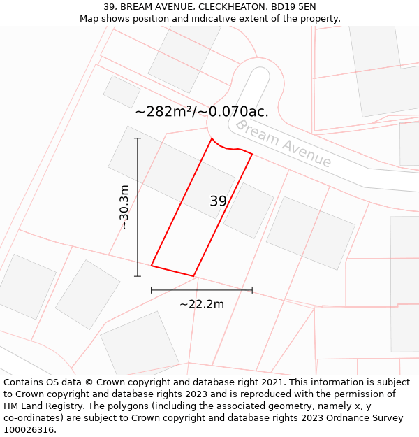 39, BREAM AVENUE, CLECKHEATON, BD19 5EN: Plot and title map