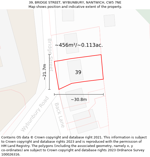 39, BRIDGE STREET, WYBUNBURY, NANTWICH, CW5 7NE: Plot and title map