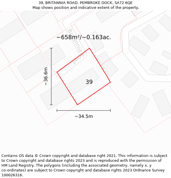 39, BRITANNIA ROAD, PEMBROKE DOCK, SA72 6QE: Plot and title map