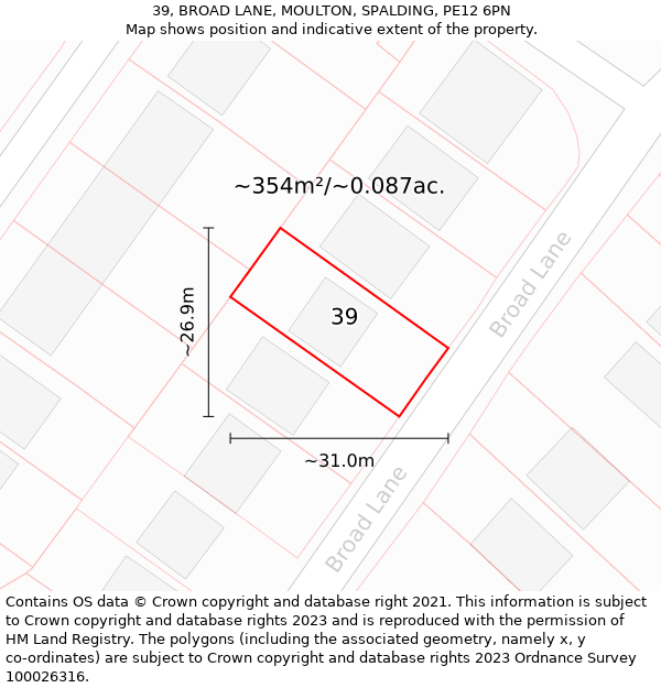 39, BROAD LANE, MOULTON, SPALDING, PE12 6PN: Plot and title map