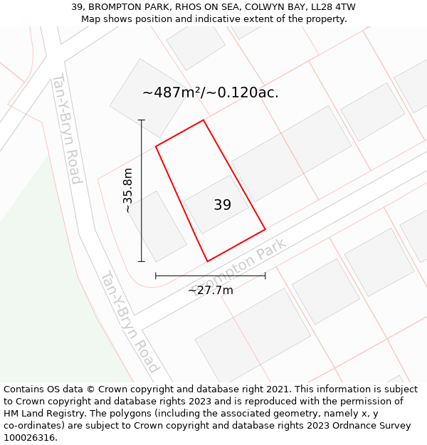 39, BROMPTON PARK, RHOS ON SEA, COLWYN BAY, LL28 4TW: Plot and title map