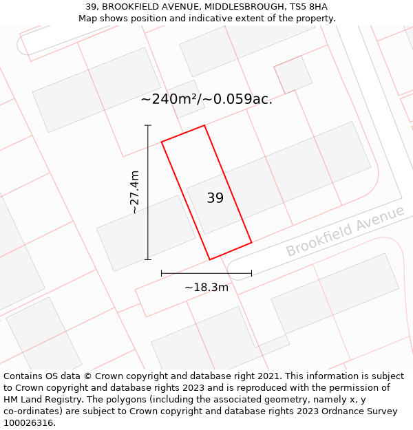 39, BROOKFIELD AVENUE, MIDDLESBROUGH, TS5 8HA: Plot and title map
