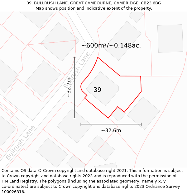 39, BULLRUSH LANE, GREAT CAMBOURNE, CAMBRIDGE, CB23 6BG: Plot and title map