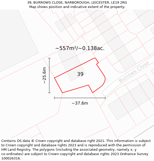 39, BURROWS CLOSE, NARBOROUGH, LEICESTER, LE19 2RG: Plot and title map