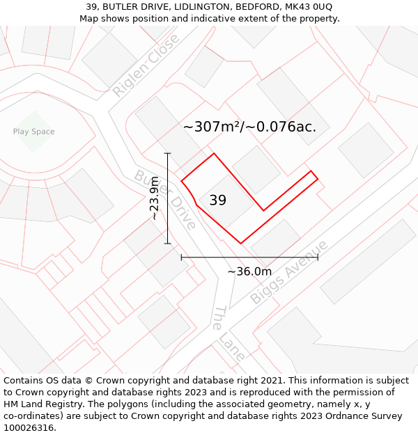 39, BUTLER DRIVE, LIDLINGTON, BEDFORD, MK43 0UQ: Plot and title map