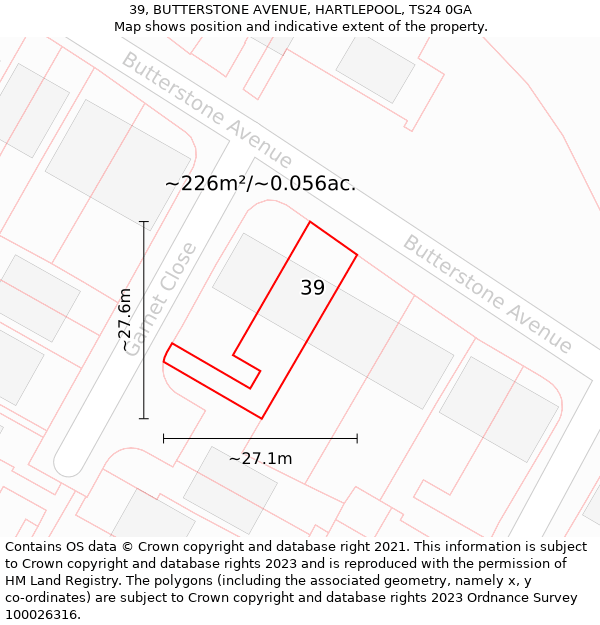 39, BUTTERSTONE AVENUE, HARTLEPOOL, TS24 0GA: Plot and title map