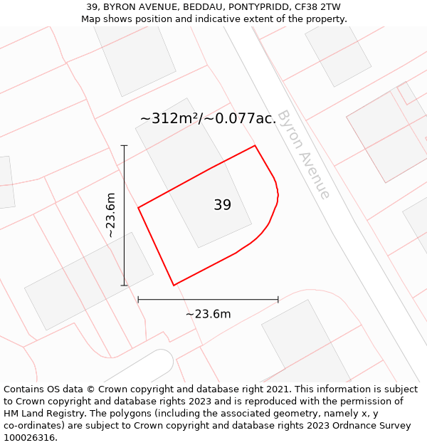 39, BYRON AVENUE, BEDDAU, PONTYPRIDD, CF38 2TW: Plot and title map