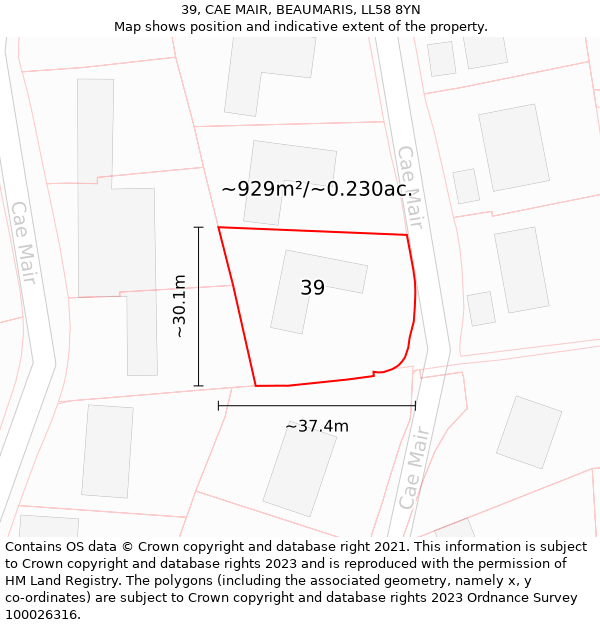 39, CAE MAIR, BEAUMARIS, LL58 8YN: Plot and title map