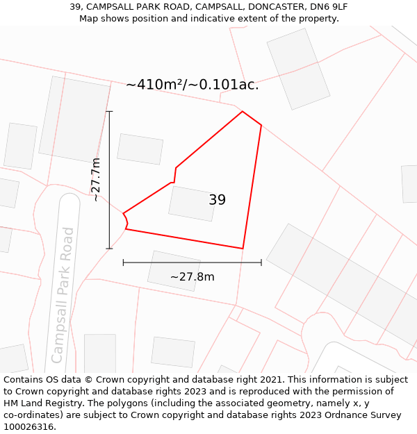 39, CAMPSALL PARK ROAD, CAMPSALL, DONCASTER, DN6 9LF: Plot and title map